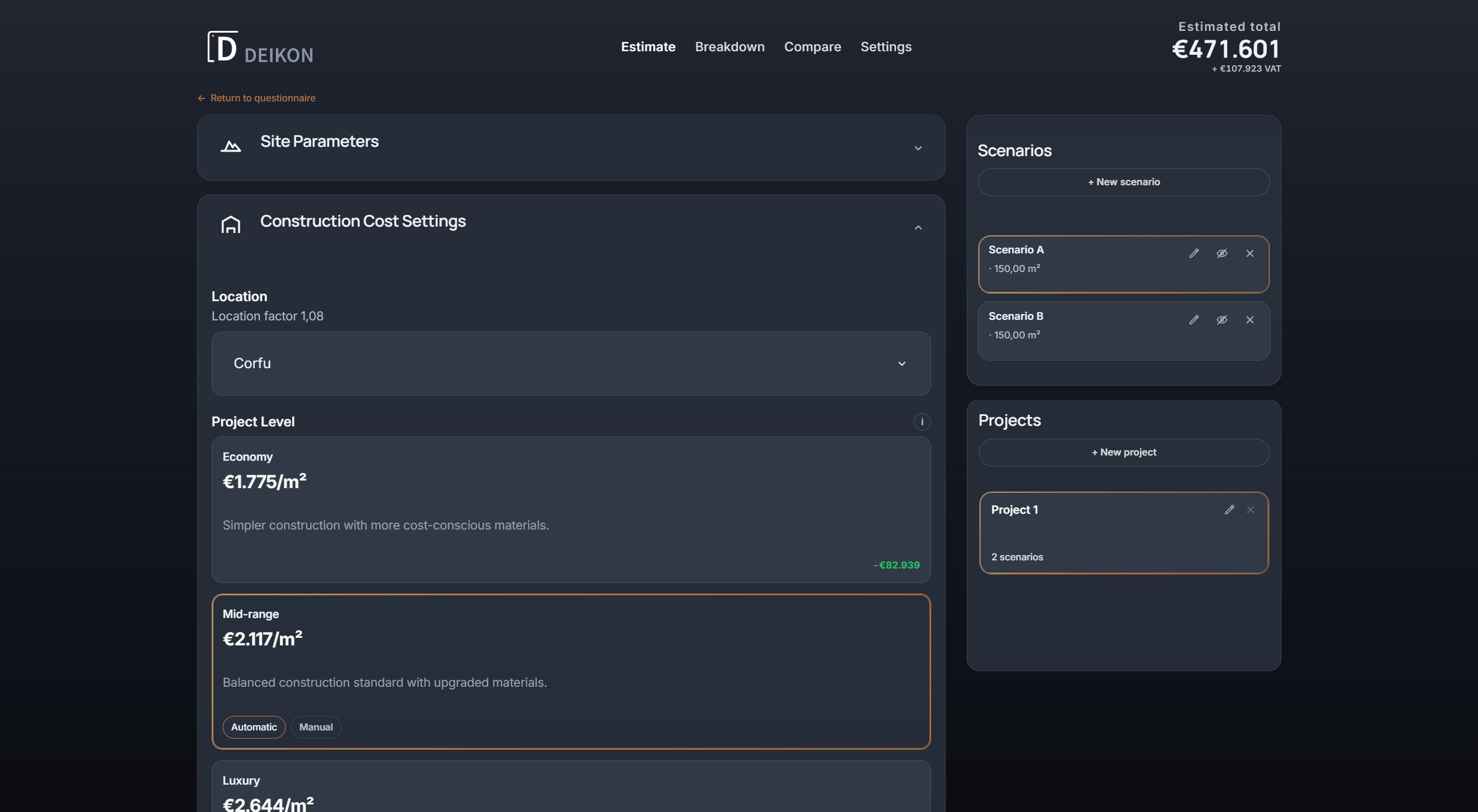 DEIKON estimate interface showing project settings, scenarios, and the live estimated total