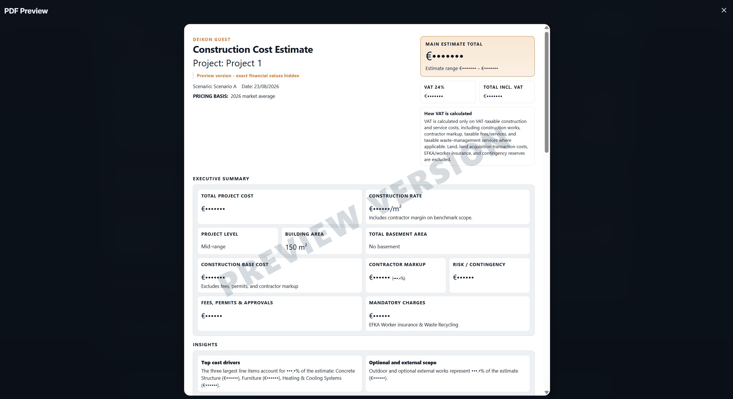 DEIKON single construction cost estimate PDF preview for Project 1 and Scenario A