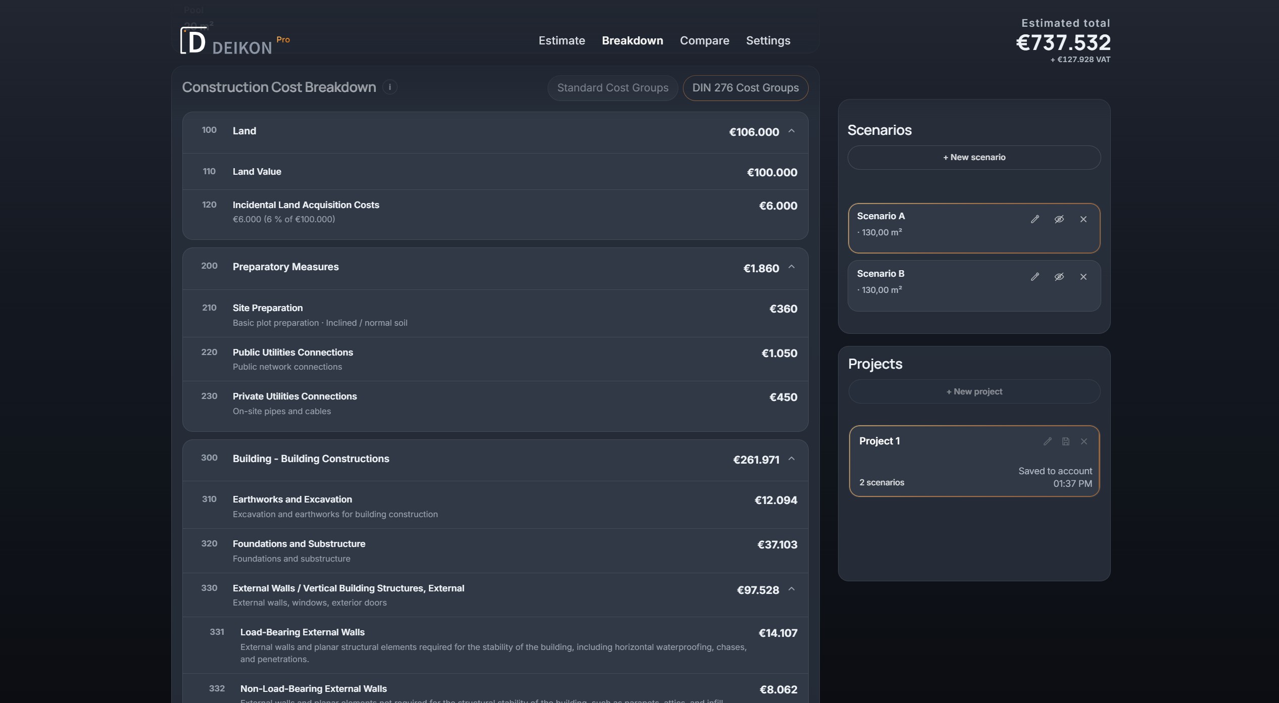 DEIKON Pro construction cost breakdown organized by DIN 276 cost groups for Project 1