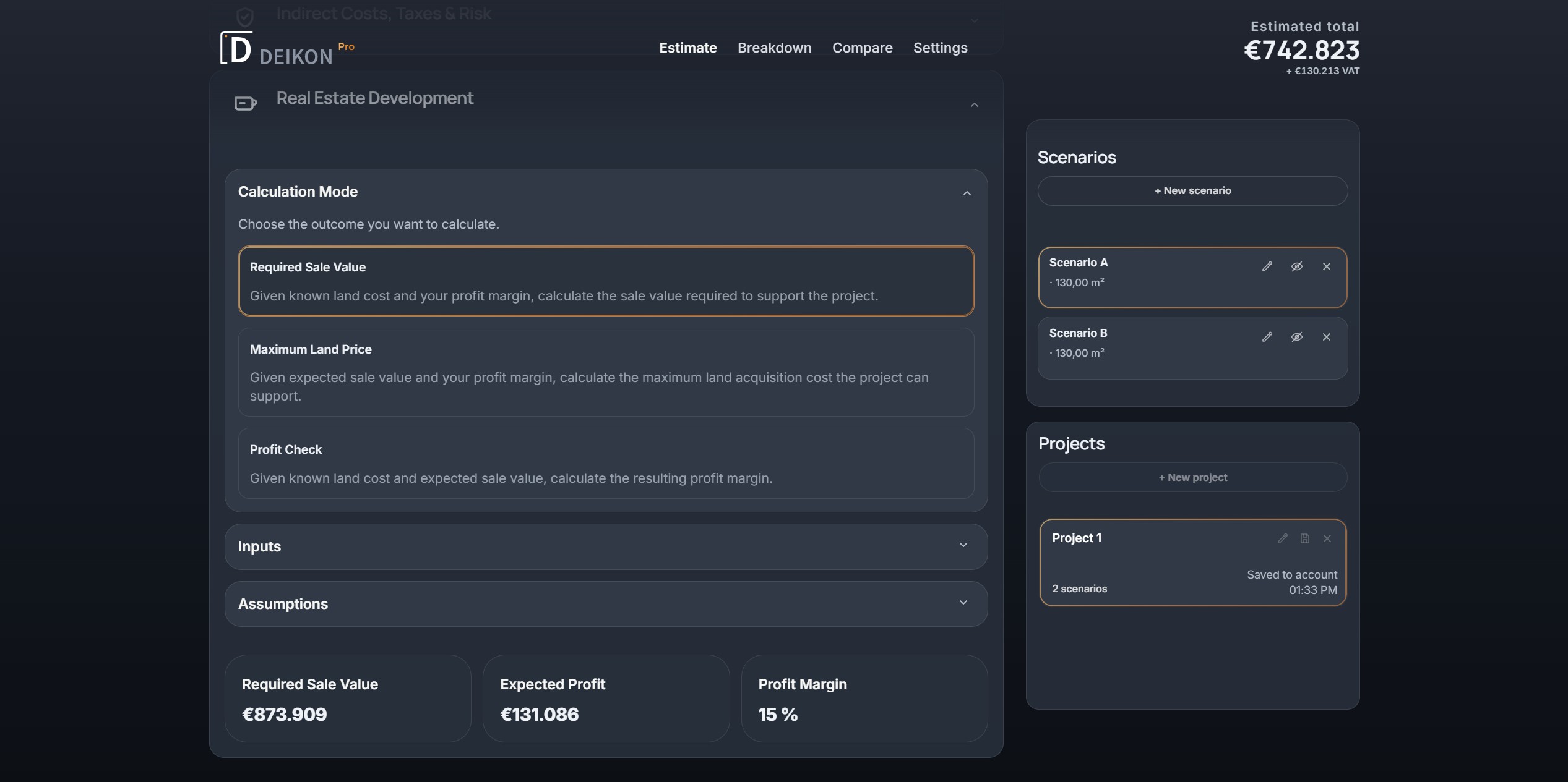 DEIKON Pro real-estate development calculation modes for Required Sale Value, Maximum Land Price, and Profit Check